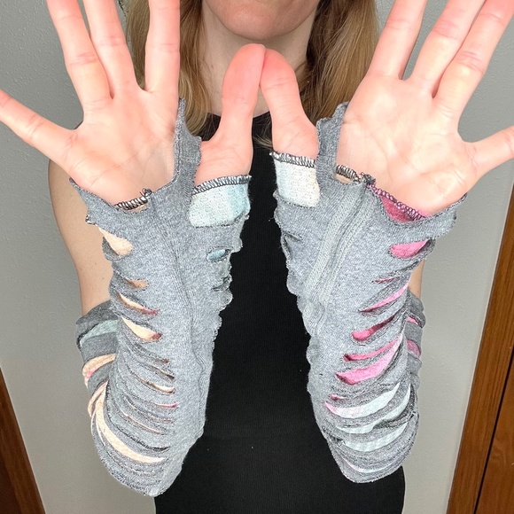 Mummy Bandage Gloves Pink Tie Dye Lace Up Arm Warmers Gray Ripped Whimsygoth Psy - Picture 4 of 11